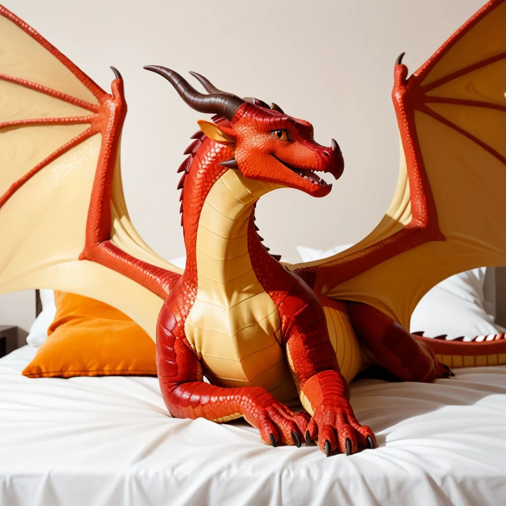 score_9, score_8_up, score_7_up, score_6_up, score_5_up, score_4_up, masterpiece, high quality, realistic, detailed, best quality, white bed, solo, rating_safe, source_furry, bedroom, smiling, open mouth smile, happy, detailed eyes, detailed face, (looking at viewer), lying on belly, skywing_wof, dragon, scales, red scales, wings, tail, horns, claws, 1girl, female, orange eyes, feral, spread wings