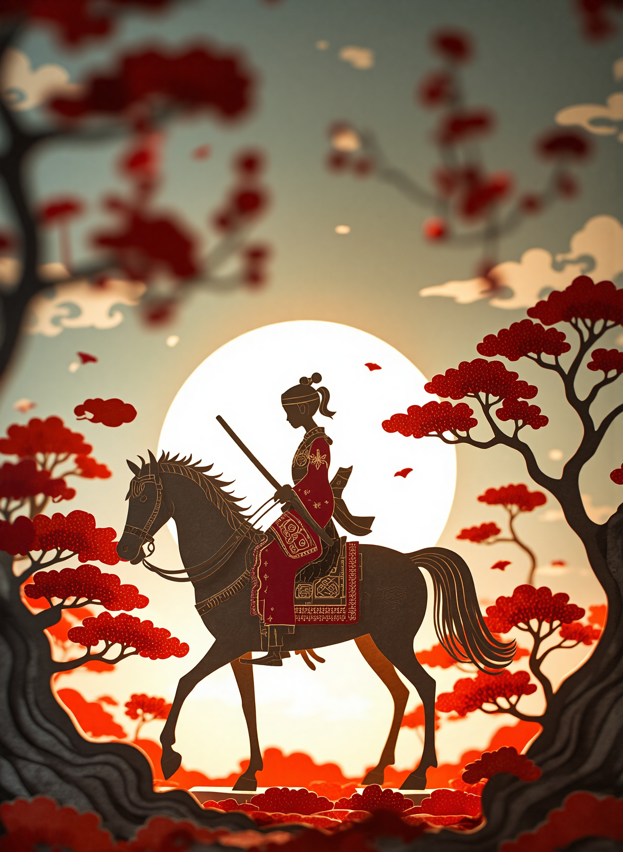 A beautiful and artistic paper cutout composition depicting a samurai warrior on a horse in an elegant, handcrafted style. The compositions are intricately cut from high-quality textured paper, with soft shadows cast onto the background, adding depth and dimension. Surrounding the samurai warrior are delicate paper cutout bonsai, and swirling decorative elements, creating a sense of traditional japanese art and craftsmanship. The lighting is soft and warm, enhancing the texture of the paper and giving the scene a handmade aesthetic. The background is a pale rising sun in a softly blurred gradient to keep the focus on the intricate details of the paper art <lora:fantasy-flux-nymical-v2:0.6> <lora:FluxDFaeTasticDetails:0.6> <lora:42lux-UltimateAtHome-flux-highresfix:0.25>