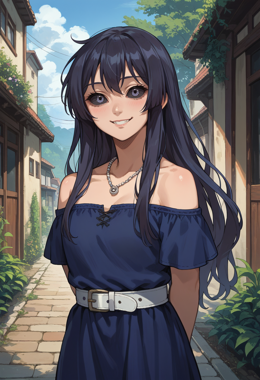 score_9, score_8_up, source_anime, 1girl, solo, KureKarura, black sclera, long hair, necklace, blue dress, off-shoulder, white belt, smile, arms behind back, blush, outdoors, <lora:ChamKureKaruraPonyXL:1>