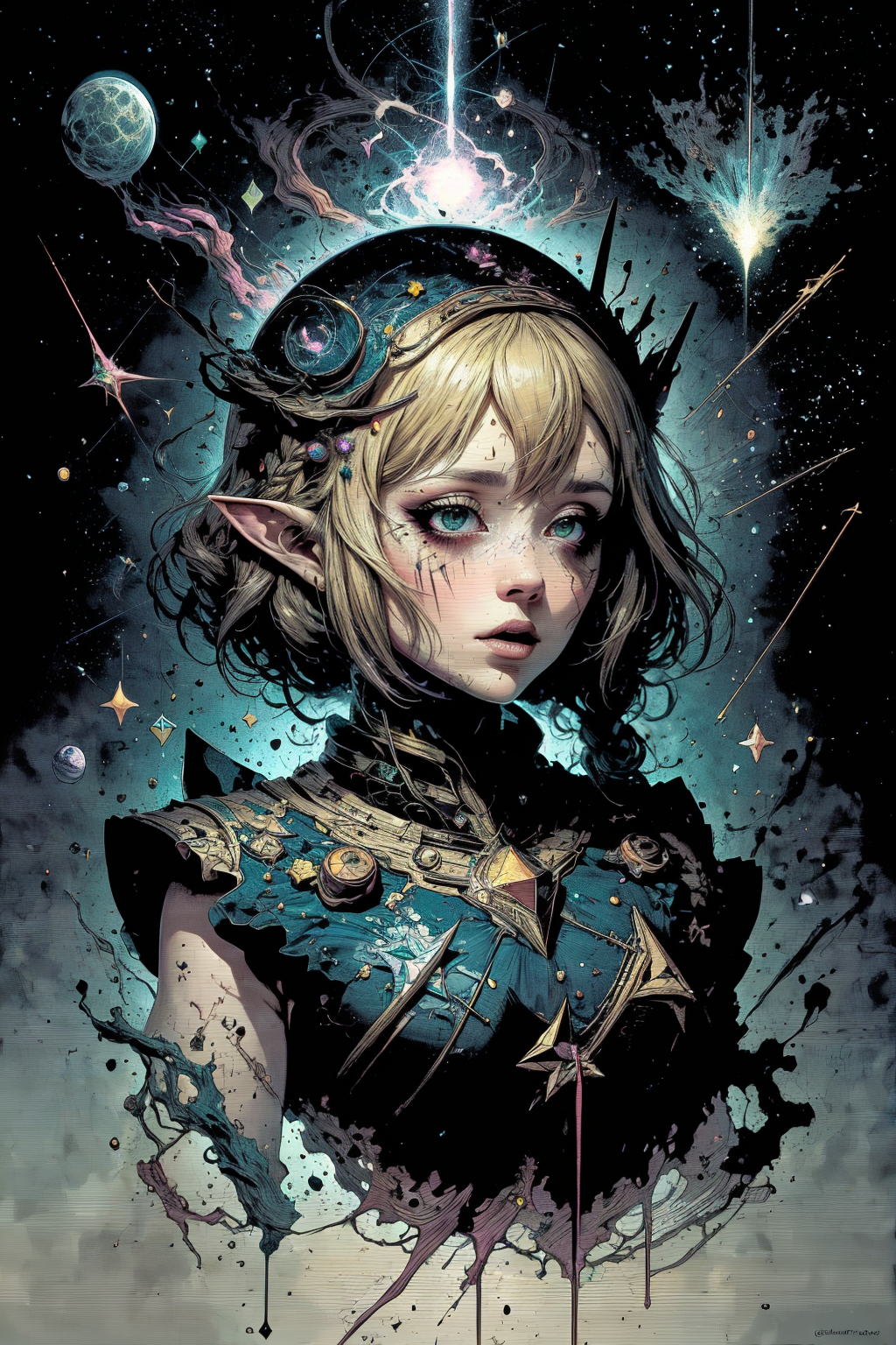 (masterpiece:1), (best quality:1), high contrast, strong shadows, outlines, <lora:graphicNovelStyle_v10:0.2>, <lora:realistic:0.3>, <lora:sharpen-soften:-0.3>,
<lora:GoodHands-beta2:0.8>,
1 girl, adult (elven:0.7) woman,  coral eyes, light blonde fishtail braid, 
Style-GravityMagic,  solo, upper body, looking away, detailed background, detailed face, (<lora:EntropyMagic:0.6>  dissolving,  entropymagic theme:1.1)  living star constellation, zodiac, horoscope, at peace, mysterious, cancer,   patterns, astral , galaxies, bright colorful lights, cosmic light, aura,  metaphysics, enlightenment, floating particles, stardust,  cosmic space background, otherworldly ethereal atmosphere,