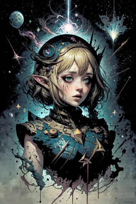(masterpiece:1), (best quality:1), high contrast, strong shadows, outlines, <lora:graphicNovelStyle_v10:0.2>, <lora:realistic:0.3>, <lora:sharpen-soften:-0.3>,
<lora:GoodHands-beta2:0.8>,
1 girl, adult (elven:0.7) woman, coral eyes, light blonde fishtail braid,
Style-GravityMagic, solo, upper body, looking away, detailed background, detailed face, (<lora:EntropyMagic:0.6> dissolving, entropymagic theme:1.1) living star constellation, zodiac, horoscope, at peace, mysterious, cancer, patterns, astral , galaxies, bright colorful lights, cosmic light, aura, metaphysics, enlightenment, floating particles, stardust, cosmic space background, otherworldly ethereal atmosphere,