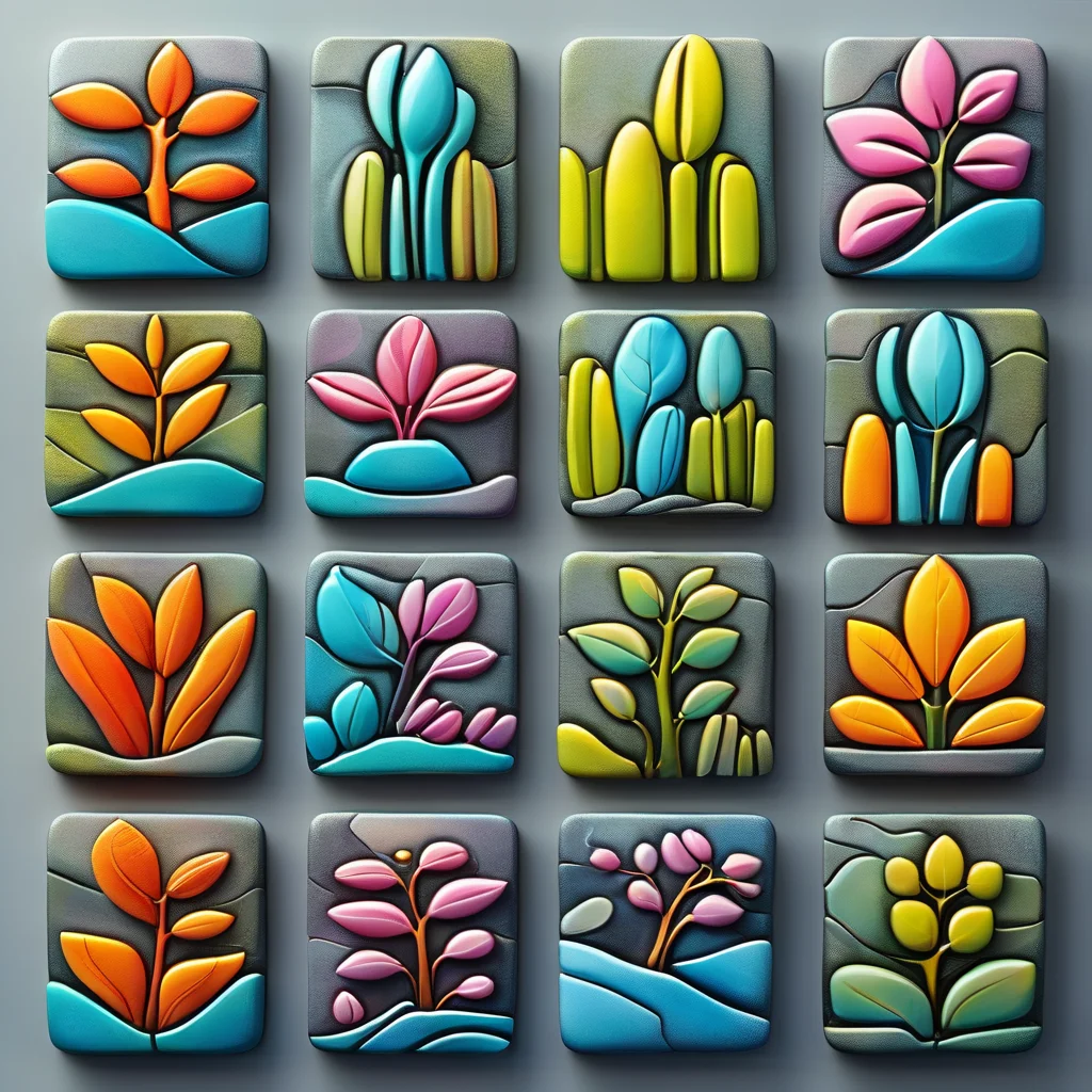 <lora:artfullyTILES_SDXL_V1:0.7>,icon collection arranged in a grid of a set of different colored,abstract colorful orchids,landscapes set set,bright glazes,ceramic,decorative relief,iconographic motifs,icons set isolated on grey background c,in the style of tactile textured paintings,luminous 3d objects,opaque resin panels,organic stone carvings,rounded forms,surrealistic ceramic sculptures,tonal colors,vibrant color blocks,vibrant fantasy landscapes,hyper-detailed illustrations,colorful biomorphic forms,