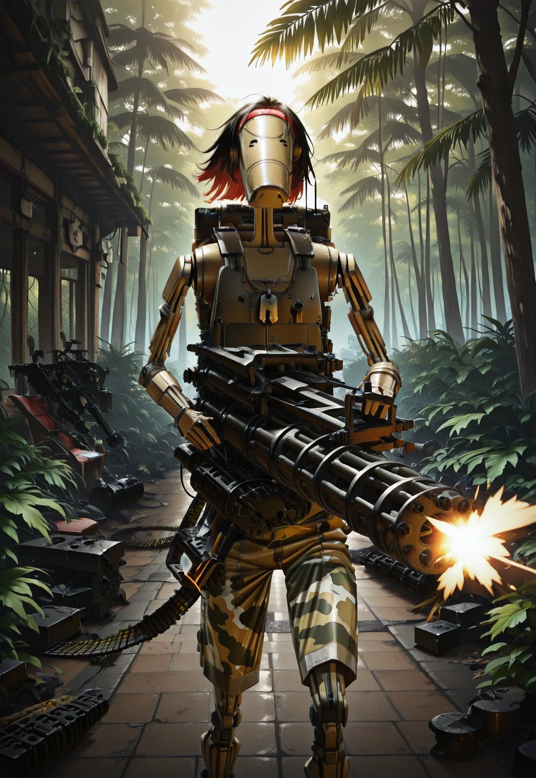 Masterpiece, absurdres, highest quality, highly detailed, newest, 8k, semi-realistic, solo, b1bd, cl4nker, droid head, rambo, medium black hair, red hair band, dogtags, vest, camo shorts, firing a minigun, c-m134, holding m134, two-handed, ammunition belt, jungle setting, highly detailed background, no humans,