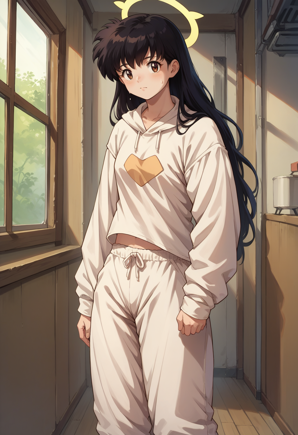 score_7, score_8_up, score_7_up, source_anime, 1girl, solo, looking at viewer, <lora:EPinKagumeSDXL-13:1.0>, EPinKagome, black hair, brown eyes, long hair, detailed background, clothing cutout, sweatpants, halo, loose socks, cowboy shot, indoors, [living room|kitchen|bed room|classroom|bath room| train interior| car interior|bus interior|bus stop|train station|changing room| stairwell]