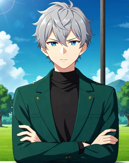 <lora:quality1:1>, score_9, score_8_up, source_anime, anime screencap, original style, BREAK, rating_safe, 1boy, solo, male focus, <lora:sena_izumi_ponyy:0.7>, sena_izumi_pony, grey hair, blue eyes, short hair, hair between eyes, bangs, curly hair, cowboy shot, annoyed, standing, outdoors, looking at viewer, black sweater, turtleneck, green jacket, crossed arms, <lora:Pony_DetailV2.0:1> <lora:xl_more_art-full_v1:1> <lora:Lightning-8:1>
