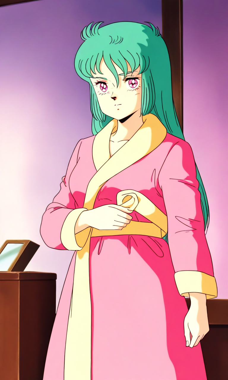 general,highres, ultra-detailed,very aesthetic,best quality ,best hands, BREAK <lora:Ciela_Lapana_gown_IS:1>
Ciela_Lapana(gown), 1girl, solo,  long hair, green hair, pink eyes, bangs, medium breasts, pink and Yellow gown, robe,
pajamas, indoors,  cowboy Shot,
long sleeves, retro artstyle, 1980s (style), anime coloring,