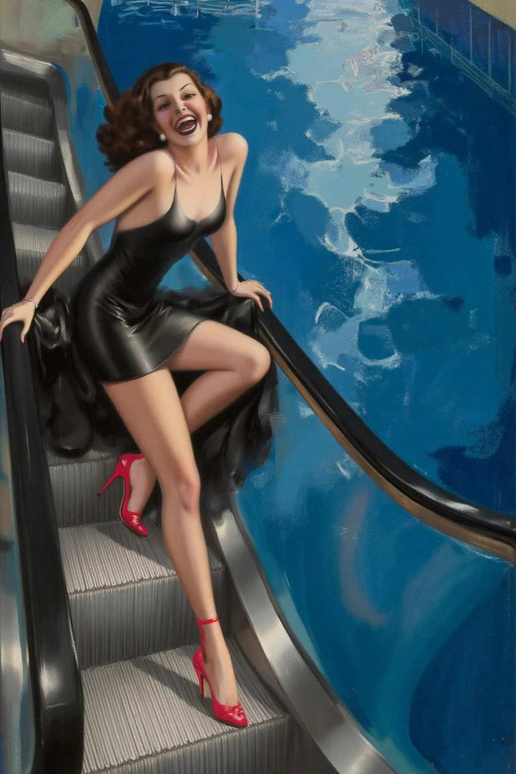 rolfarmstrong1 illustration.
a woman in a chic little black dress and vibrant red high heels, gracefully descending an escalator. She wears black lipstick and is screaming. Her attire exudes elegance and sophistication, with the red heels providing a bold pop of color against the classic black dress. The escalator itself, typically found in a mall or airport, leads downwards into an unexpected and dreamlike destination -- pool of rippling water. The water is blue and ripples as the escalator's steps disappear beneath the surface.
<lora:rolfarmstrong1_cap_d8a4:1.0><lora:862581509507258194:0>