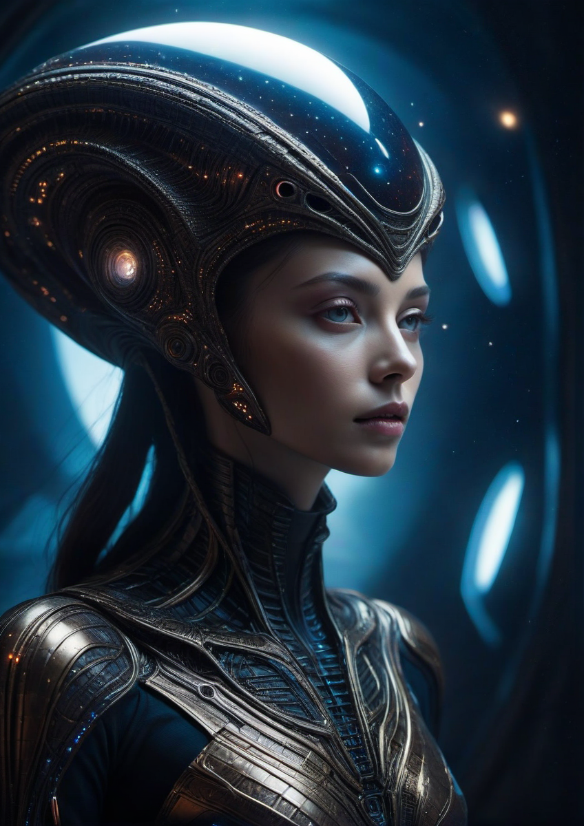 gorgeous mysterious woman, beautiful lighting, composition, framing, Alien-themed, Extraterrestrial, cosmic, otherworldly, mysterious, sci-fi, highly detailed,