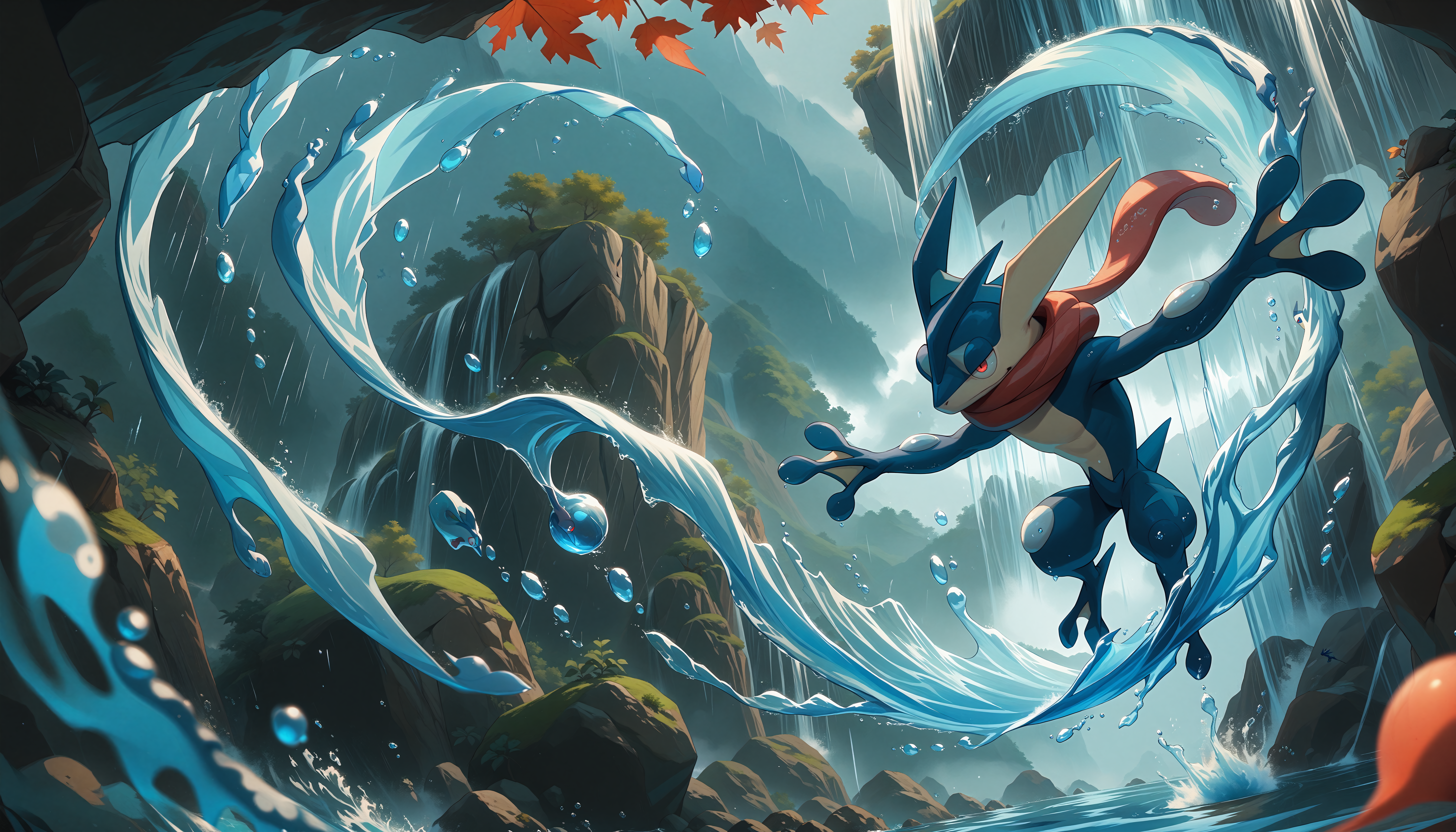 score_9,score_8_up,score_7_up,score_6_up,<lora:StS_PonyXL_Detail_Slider_v1.4_iteration_3:4>,<lora:POKEMON_GRENINJA:1>,Greninja,pokemon (creature),red eyes,midair,lying,motion blur,close up,waterfall,wind,rain,falling leaves,rock,from below,<lora:Water_magic_Magic_PACK:1>,watmagmb,water,Waves,Water ball,Water spiral,Water vortex,