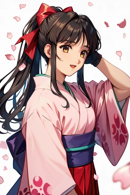 score_9, score_8_up, score_7_up, very aesthetic, source_anime, detailed, high quality, beautiful, masterpiece, detailed eyes,
blurry background, simple background, sakura petals,
<lora:lightXL:0.8>
hand in own hair, flowing hair,
light smile, open mouth, cowboy shot,
<lora:sakuraS_autismConfetti_v01:0.95>
sakurabase, black hair, hair ribbon, red bow, brown hair, sidelocks, bangs, ponytail
japanese clothes, red hakama, pink kimono, meiji schoolgirl uniform, purple sash, fingerless gloves, green obijime,, zPDXL