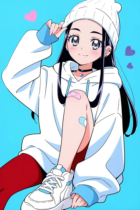 <lora:Mahoutsukai_Precure:1>, Mahoutsukai_Precure, 1girl, solo, long hair, hat, hood, sitting, hoodie, blush, looking at viewer, smile, jewelry, long sleeves, earrings, piercing, white hoodie, hood down, beanie, ear piercing, multicolored hair, closed mouth, sneakers, sleeves past wrists, shoes, bandaid on leg, white headwear, tattoo, heart, bandaid, grey eyes, choker, black hair, hand on headwear, knee up, white footwear