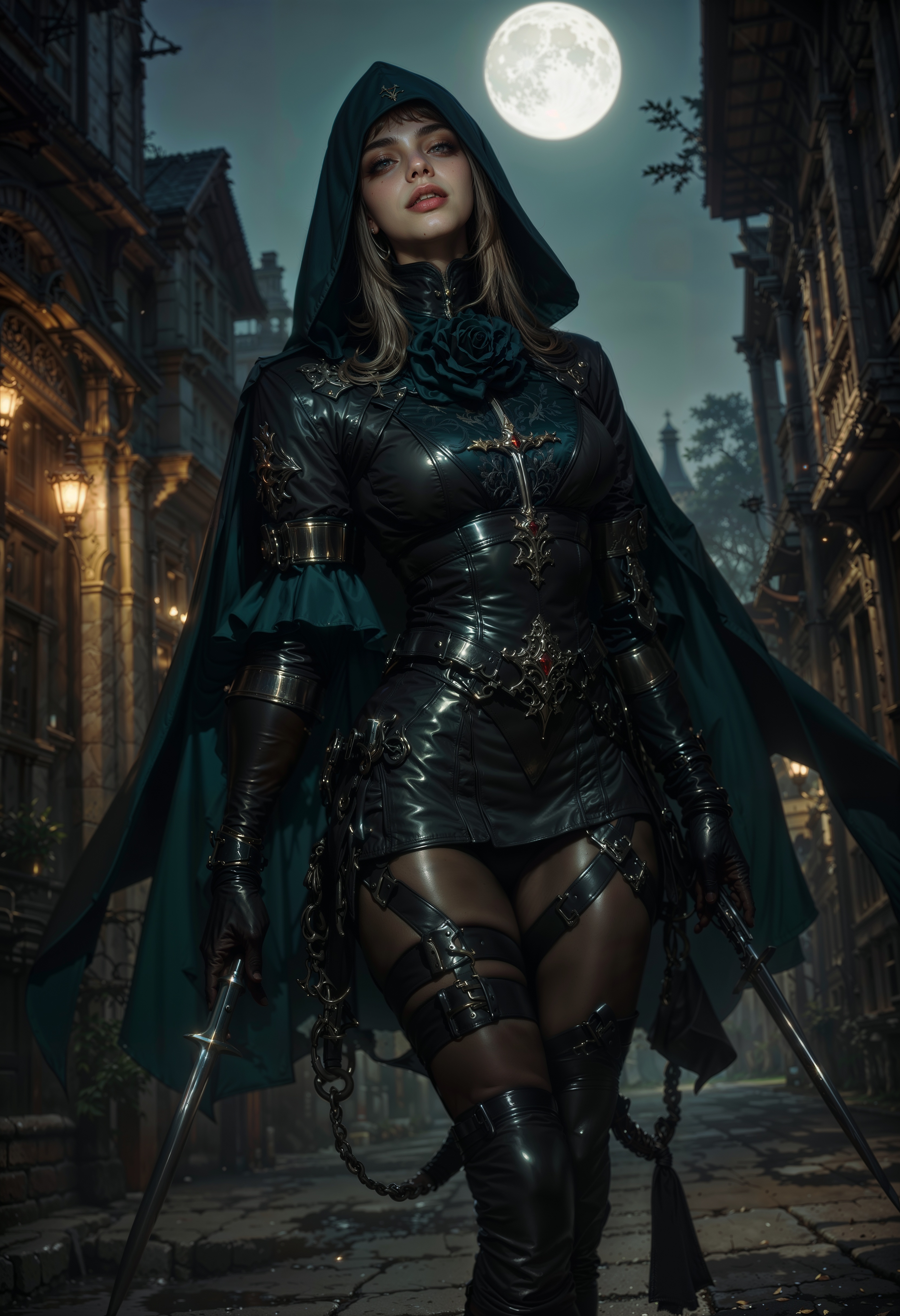 In the shadows of a moonlit alley, a female rogue slips silently between pools of light, her form barely more than a whisper against the night. Her dark leather armor fits snugly, adorned with subtle patterns of black roses and silver accents, designed for both elegance and stealth. Her twin daggers gleam faintly, coated with a shimmering poison, and her sharp, calculating eyes miss nothing as she surveys her surroundings. A hood obscures most of her face, but a sly smirk plays at her lips. Around her waist, a collection of lockpicks and vials clinks softly as she moves. The only sound is the faint rustle of her cloak, enchanted to blend her into the shadows, as she stalks her target with deadly precision.