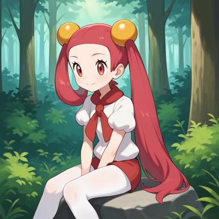 1girl, solo, mira (pokemon), smile, very long hair, pink hair, red hair, hair rings, twintails, hair beads, asymmetrical hair, tied hair, red eyes, red scarf, white shirt, puffy short sleeves, red shorts, short shorts, white pantyhose, legwear under shorts, sitting on rock, hand between legs, forest