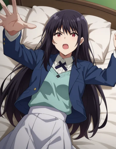score_9, score_8_up, score_7_up, source_anime,
clairekagenou, <lora:claire-kagenou-ponyxl-lora-nochekaiser:1>,
claire kagenou, long hair, black hair, red eyes,
shirt, jacket, blazer, skirt, white skirt,
indoors, bed, bed room, on back, arm support, arms up, incoming hug, pov, reaching, reaching towards viewer,
looking at viewer, dutch angle,
