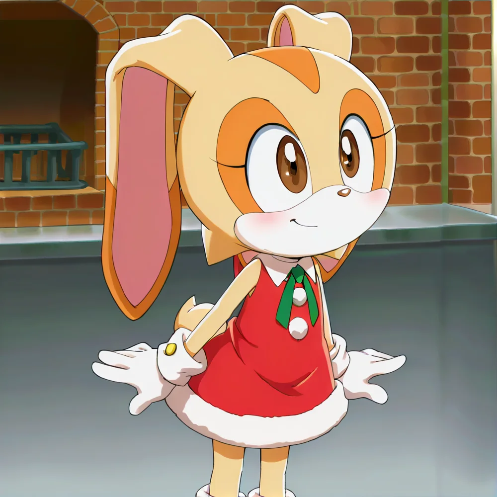 hi res, best quality, female, Score_9, score_8, score_7 BREAK, best anatomy, (solo), small body, young, petite, ultra detailed, short, (source_cartoon), (((show accurate))), (masterpiece), <lora:Cream_the_Rabbit:1>, cre@m_the_rabbit, furry, rabbit ears, two-tone fur, animal nose, brown eyes, rabbit girl, white gloves, official style, rabbit tail, 1girl, standing, Christmas outfit, smile,