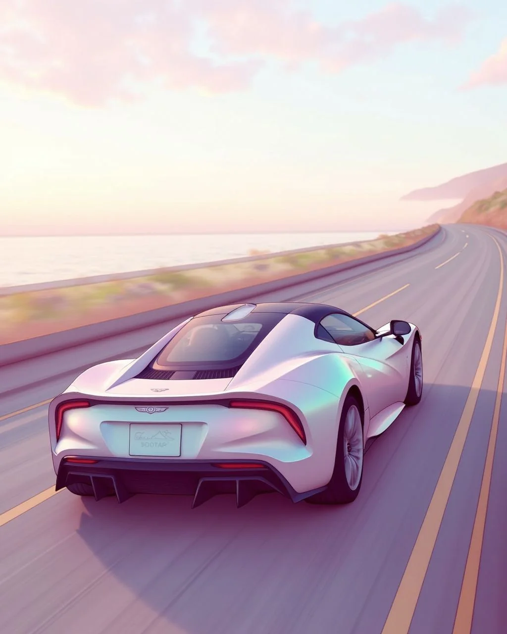 <lora:soranamae-style-flyx-v2:1.8>
A streamlined sports car glides along an empty coastal road; bodywork reflects pastel sky gradients that shift from pale aqua to blush pink, while tyres leave a faint luminous trail that quickly fades. Dynamic low rear-quarter angle, slight motion blur. Mood: dreamlike speed and serene freedom. soranamae style.