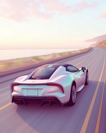 <lora:soranamae-style-flyx-v2:1.8>
A streamlined sports car glides along an empty coastal road; bodywork reflects pastel sky gradients that shift from pale aqua to blush pink, while tyres leave a faint luminous trail that quickly fades. Dynamic low rear-quarter angle, slight motion blur. Mood: dreamlike speed and serene freedom. soranamae style.