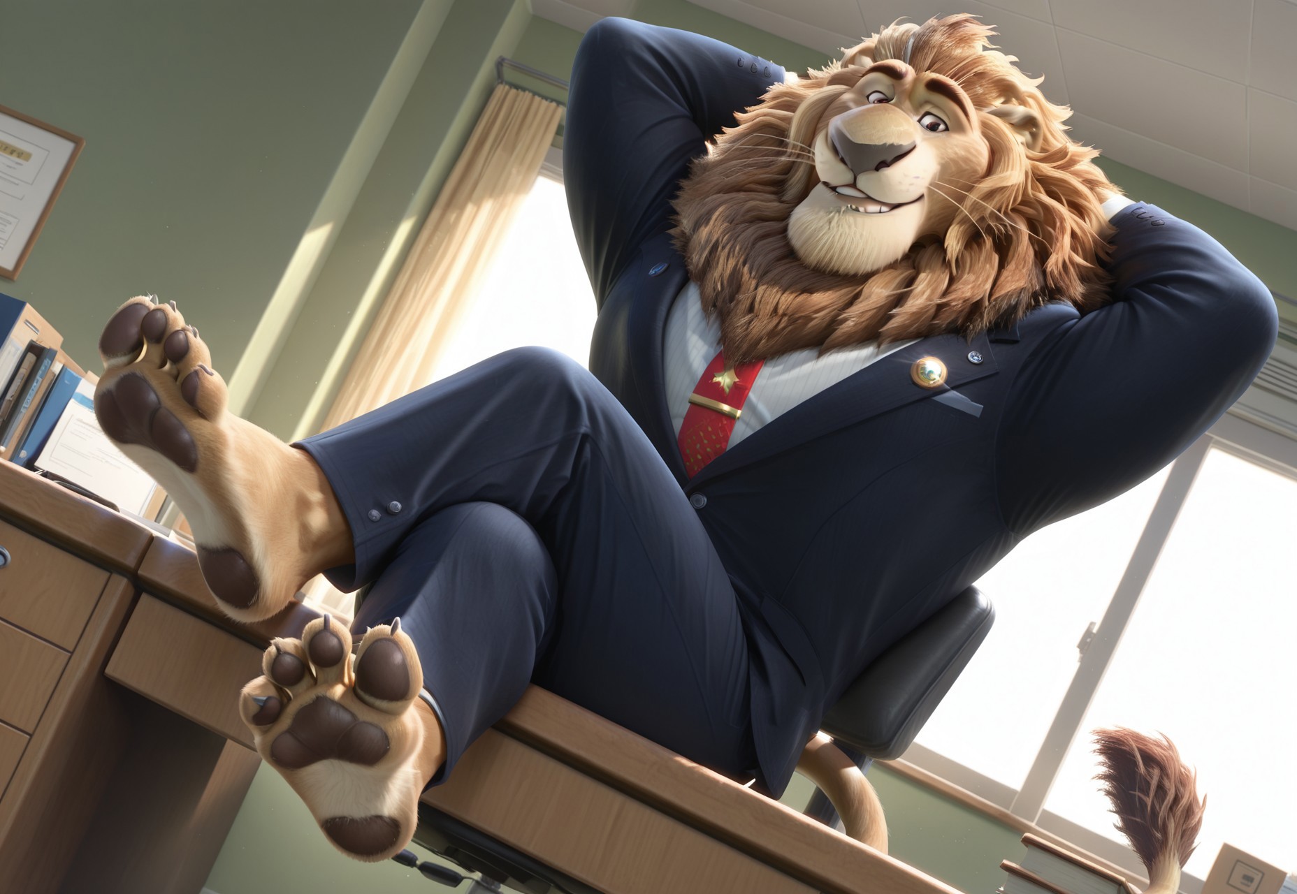 masterpiece, best quality, amazing quality, solo, leodore lionheart, Lion, furry, male, bara, muscular, blue jacket, blue trousers, tie, shirt, thick mane, goose eyebrows, small eyes, lion moustache, lion tail, arms behind head, Zootopia style, indoors, office chair, office, coffee, sitting, smile, looking at viewer, closed mouth, legs crossed, paws on table, three toes, claws, soles, foot focus