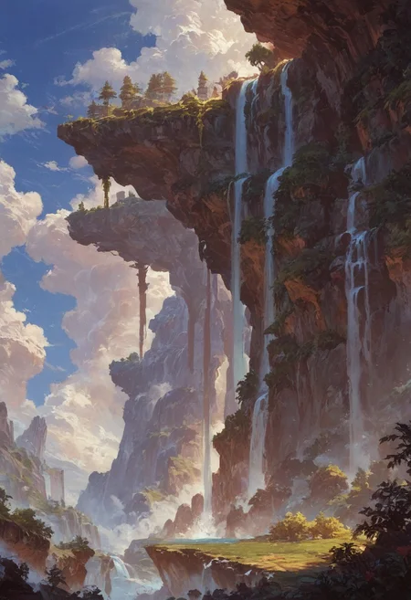 (score_9, score_8_up, score_7_up), detailed illustration, masterpiece, high quality, magnificent Greek city of Olympus, on the mountain top, looking at the city below, beautiful blue sky with sun rays, waterfalls, lush mountains, volumetric light, ray tracing,