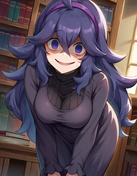 score_9, score_8_up, score_7_up, source_anime,
hexmaniac, <lora:hex-maniac-ponyxl-lora-nochekaiser:1>
hex maniac, hairband, messy hair, purple eyes, purple hair, purple hairband, @ @,
black dress, dress, long dress, long sleeves, juliet sleeves,
indoors, library, bent over,
looking at viewer, cowboy shot, dutch angle,