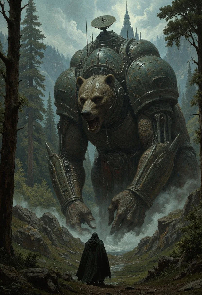 A chilling scene depicting Shardik, the immense cyborg bear, lumbering through the dense, misty forests of his domain. His 70-foot frame casts long shadows, the satellite dish on his head flickering with erratic signals as he roars defiantly at the encroaching decay of his surroundings.