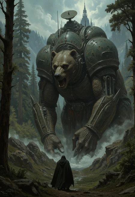 A chilling scene depicting Shardik, the immense cyborg bear, lumbering through the dense, misty forests of his domain. His 70-foot frame casts long shadows, the satellite dish on his head flickering with erratic signals as he roars defiantly at the encroaching decay of his surroundings.