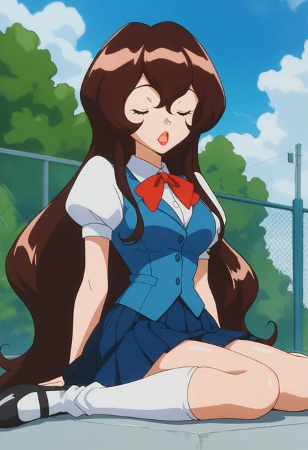 score_9, score_8_up, score_7_up, score_6_up, source_anime, BREAK 
<lora:PMGiselle:0.8>, PMGiselle, 1girl, very long hair, brown hair, hair between eyes, bangs, brown eyes, lipstick, breasts,
puffy short sleeves, white kneehighs, red bowtie, white shirt, blue vest, blue skirt, pleated skirt, black shoes,
sitting, exhausted, closed eyes, head down, open mouth, 
BREAK school, day, blue sky,