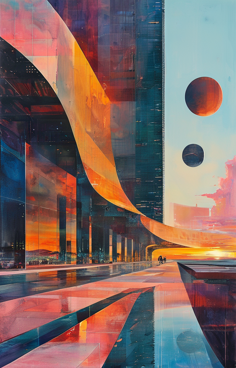 masterpiece,best quality,<lora:tbh311-sdxl:0.9>,illustration,designed by Rem Koolhaas Futuristic skyscraper with organic shapes, inspired by Zaha Hadid, gleaming under a sunset sky