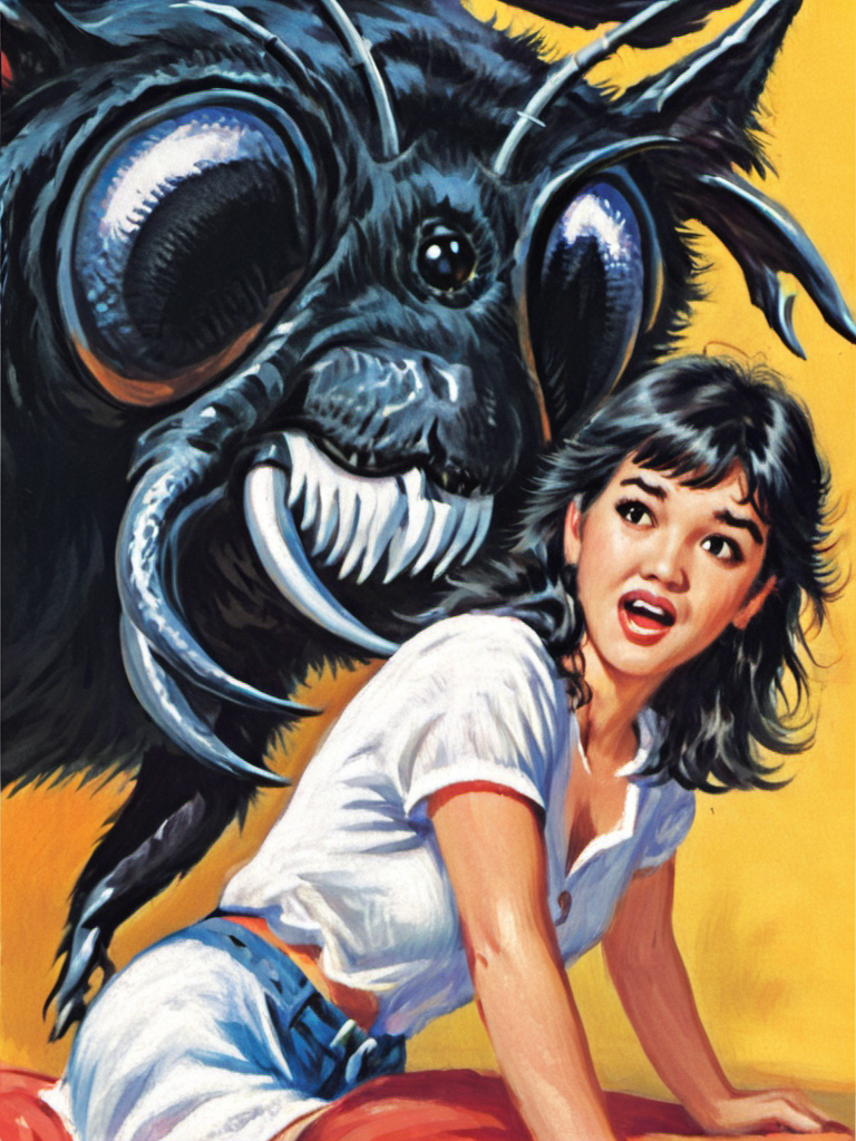 a beautiful solo close-up face portrait of phoebe cates,  with long dark hair
<lora:Mars_Attacks_XL_Topps:1>