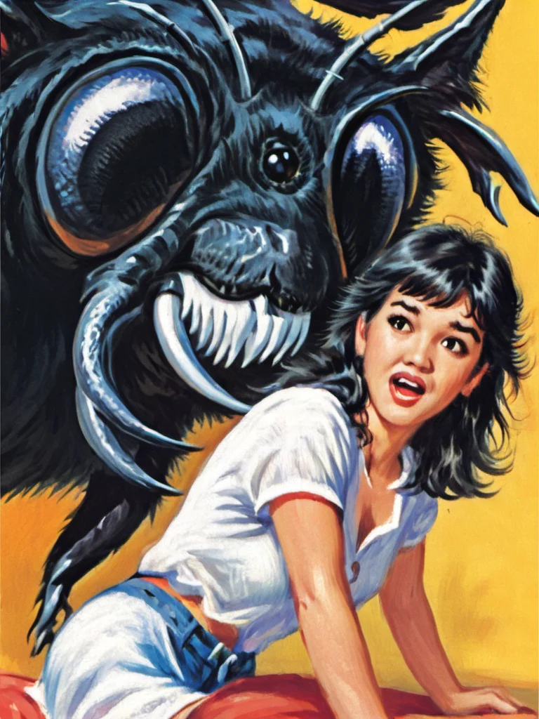 a beautiful solo close-up face portrait of phoebe cates, with long dark hair
<lora:Mars_Attacks_XL_Topps:1>