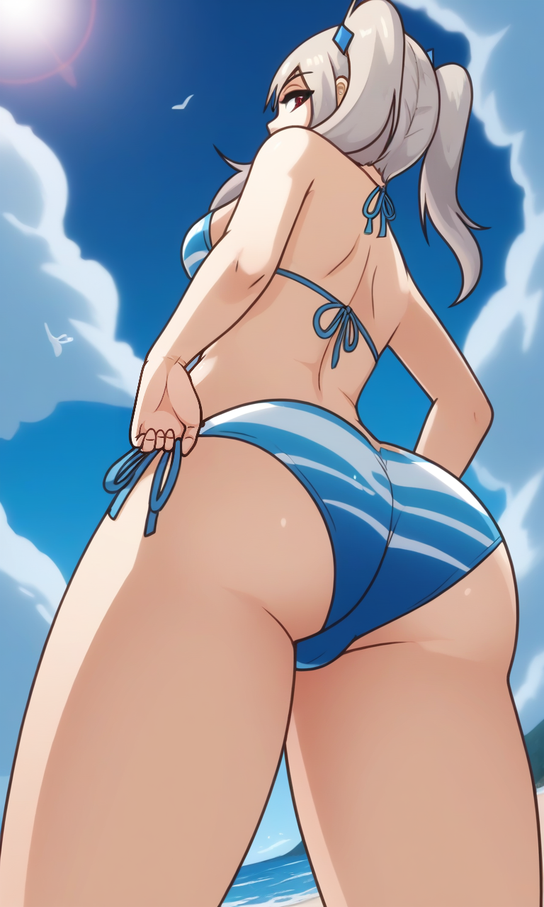 1girl, derpixonstyle, bikini, twintails, white_hair, looking_at_viewer, ass, beach, outdoors, water, from_below, medium_breasts