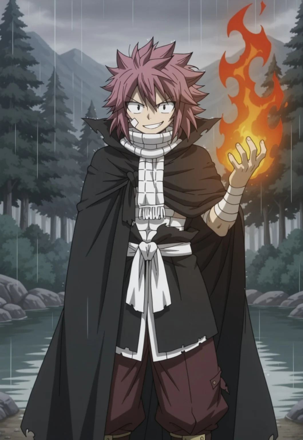masterpiece, best quality, amazing quality, (masterpiece, best quality, absurdres, detailed,perfect quality, amazing quality, newest, ultra-detailed:1.2), extremely detailed, distortion-free, illustration, (smooth lines,),natsu Dragneel, spiked hair,medium hair, bangs, hair between the eyes, onyx eyes, pink hair,muscular_body, shinny body, shinny skin, anime screencap, anime coloring,white_scarf, bandages, cloak, white_sash,brown_pants, black_cape,hood, Relaxed posture, one hand up, fire magic, smiling,1man, solo, Forest, water, rain, steam