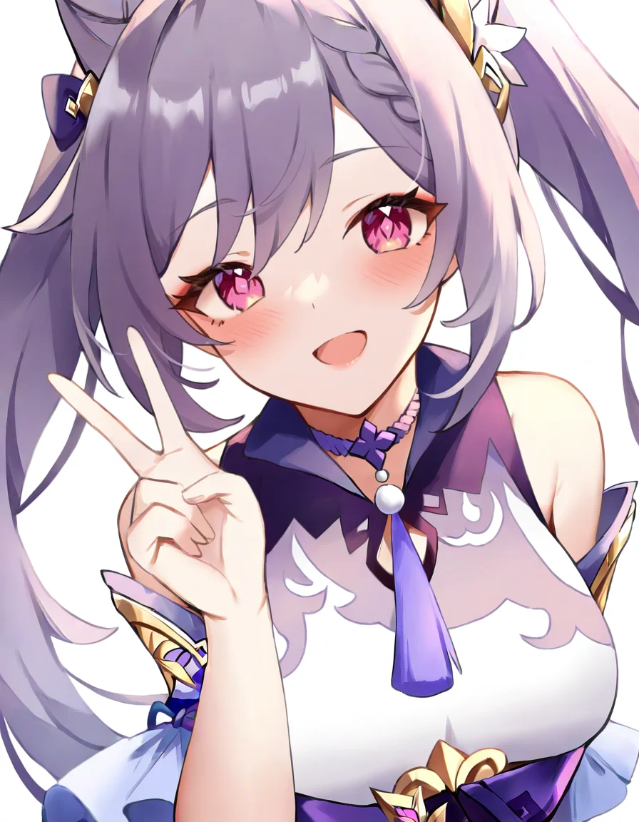 1girl,solo,keqing \(genshin impact\),long hair,white background,smile,simple background,looking at viewer,blush,blue ribbon,v,open mouth,breasts,:d,very long hair,hand up,large breasts,medium breasts,, <lora:ruiruika>, masterpiece, best quality, very aesthetic, absurdres,newest, incredibly absurdres,