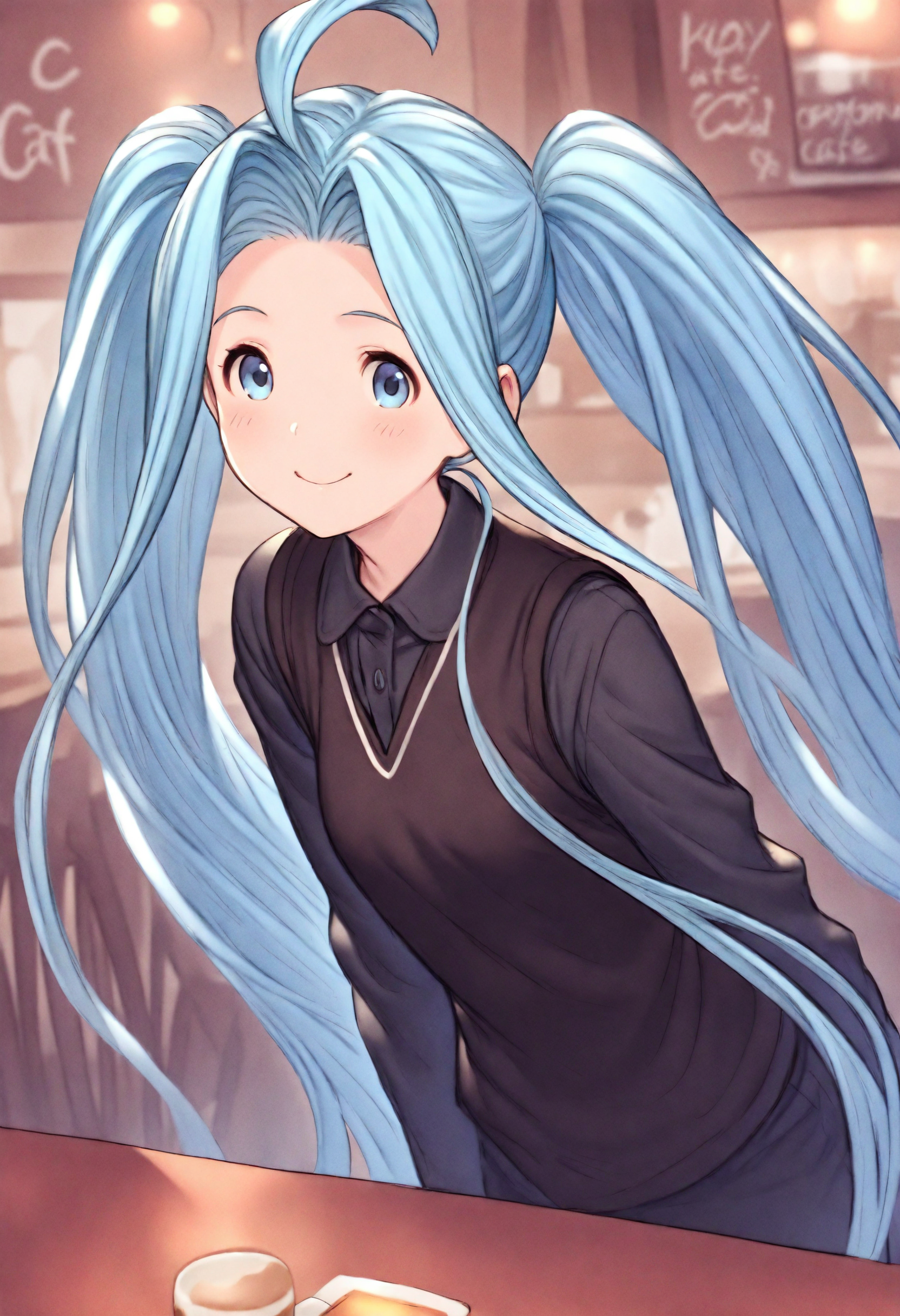 masterpiece, best quality, very aesthetic, absurdres, highly detailed, kyoto animation, 
1girl, solo, smile,
lyria \(granblue fantasy\), very long hair, blue hair, ahoge, blue eyes, twintails, alternate costume, black vest, black shirt, 
cafe,
<lora:Lyria_Granblue_Fantasy_Illustrious-XL:1>   <lora:ProAnimeIXL:0.5>