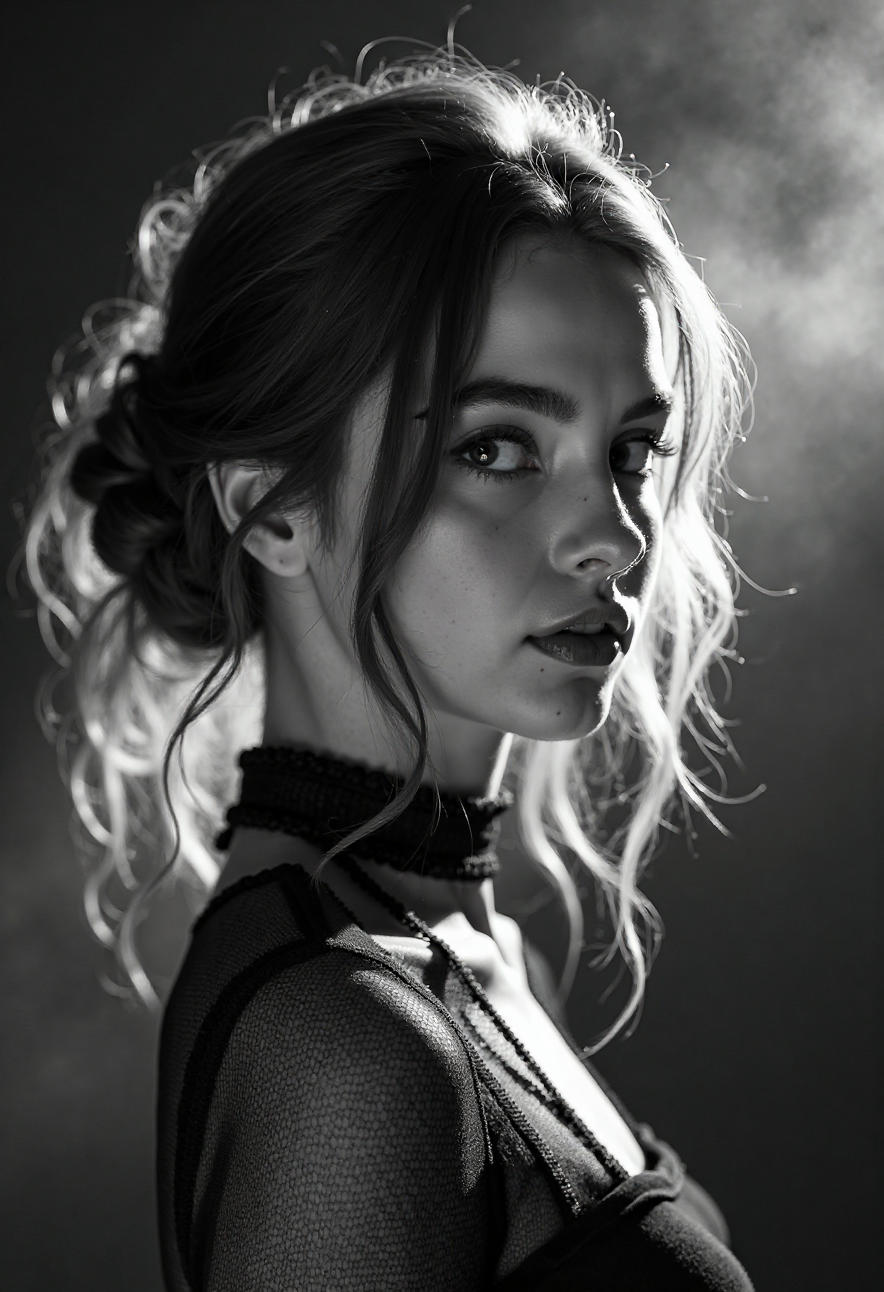 A highly detailed, black-and-white, silhouette, closeup, professional photo portrait of a young woman with a delicate, almost otherworldly beauty. She has fair, porcelain-like skin and striking almond-shaped eyes framed by long, dark lashes that draw attention to her gaze. Se is looking to the left, away from viewer. Her hair is voluminous and styled in an elegant updo, with soft, loose strands falling around her face to soften her features. Her lips are full and slightly parted, lending a subtle, sultry allure to her expression. She wears a form-fitting, high-necked top made of delicate, fishnet fabric, which accentuates her slender physique and adds a touch of subtle sensuality. The background is pitch black, with smoke behind the woman, creating a dramatic contrast with her light skin and hair, drawing the viewerâs focus entirely onto her. The lighting, hitting only one side of her face, is hard in chiaroscuro style, giving depth to her features and an air of mystery. The overall style blends gothic and fantasy influences, with a strong emphasis on realism and a refined sense of elegance and enigma.