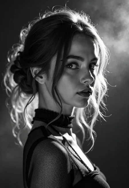 A highly detailed, black-and-white, silhouette, closeup, professional photo portrait of a young woman with a delicate, almost otherworldly beauty. She has fair, porcelain-like skin and striking almond-shaped eyes framed by long, dark lashes that draw attention to her gaze. Se is looking to the left, away from viewer. Her hair is voluminous and styled in an elegant updo, with soft, loose strands falling around her face to soften her features. Her lips are full and slightly parted, lending a subtle, sultry allure to her expression. She wears a form-fitting, high-necked top made of delicate, fishnet fabric, which accentuates her slender physique and adds a touch of subtle sensuality. The background is pitch black, with smoke behind the woman, creating a dramatic contrast with her light skin and hair, drawing the viewerâs focus entirely onto her. The lighting, hitting only one side of her face, is hard in chiaroscuro style, giving depth to her features and an air of mystery. The overall style blends gothic and fantasy influences, with a strong emphasis on realism and a refined sense of elegance and enigma.