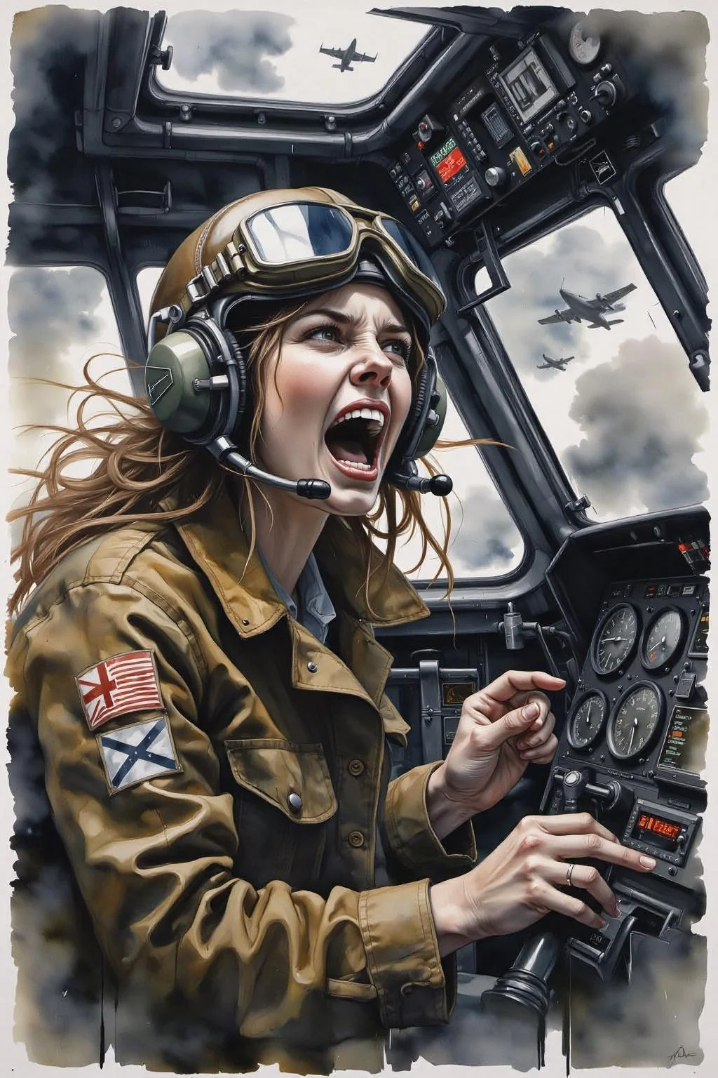 yawc1 watercolor.
a female pilot screaming inside the cockpit of a WWII bomber. The pilot, wearing a vintage leather flight helmet with goggles and a brown bomber jacket, grips the controls with white-knuckled hands. Her face is contorted in a mix of fear and determination as she yells, her eyes wide with adrenaline. The cockpit is cramped and filled with old-fashioned dials and gauges, with the outside view showing dark stormy clouds and distant anti-aircraft fire. The scene is lit by the eerie glow of the instrument panel, casting harsh shadows across her face, emphasizing the intensity and danger of the moment. High contrast, dynamic composition, gritty and realistic, with a cinematic feel. <lora:schnell_v1.0:1.0> <lora:yawcolor_flor2_d4a2:1.0><lora:798982737609621097:0>