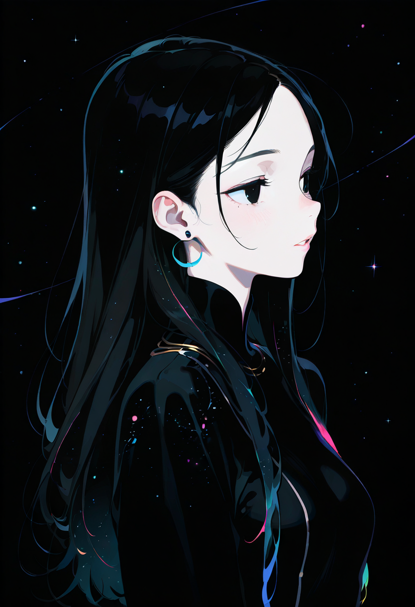 wat, 1girl, solo, multicolored hair, jewelry, earrings, parted lips, black eyes, long hair, blush, space, artist name, upper body, star (sky)