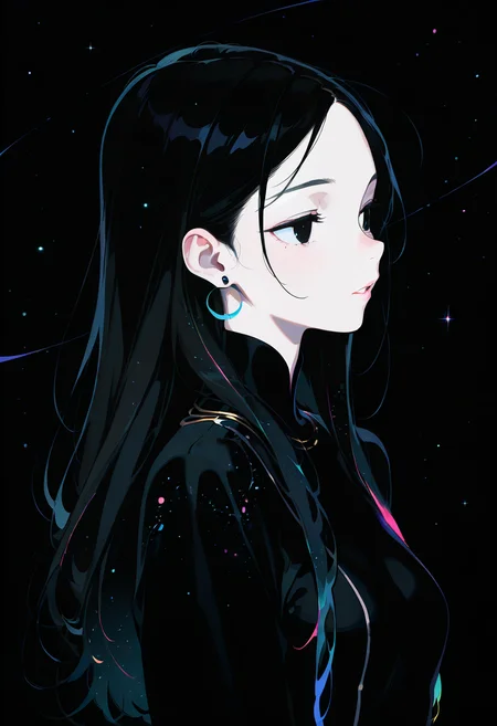 wat, 1girl, solo, multicolored hair, jewelry, earrings, parted lips, black eyes, long hair, blush, space, artist name, upper body, star (sky)