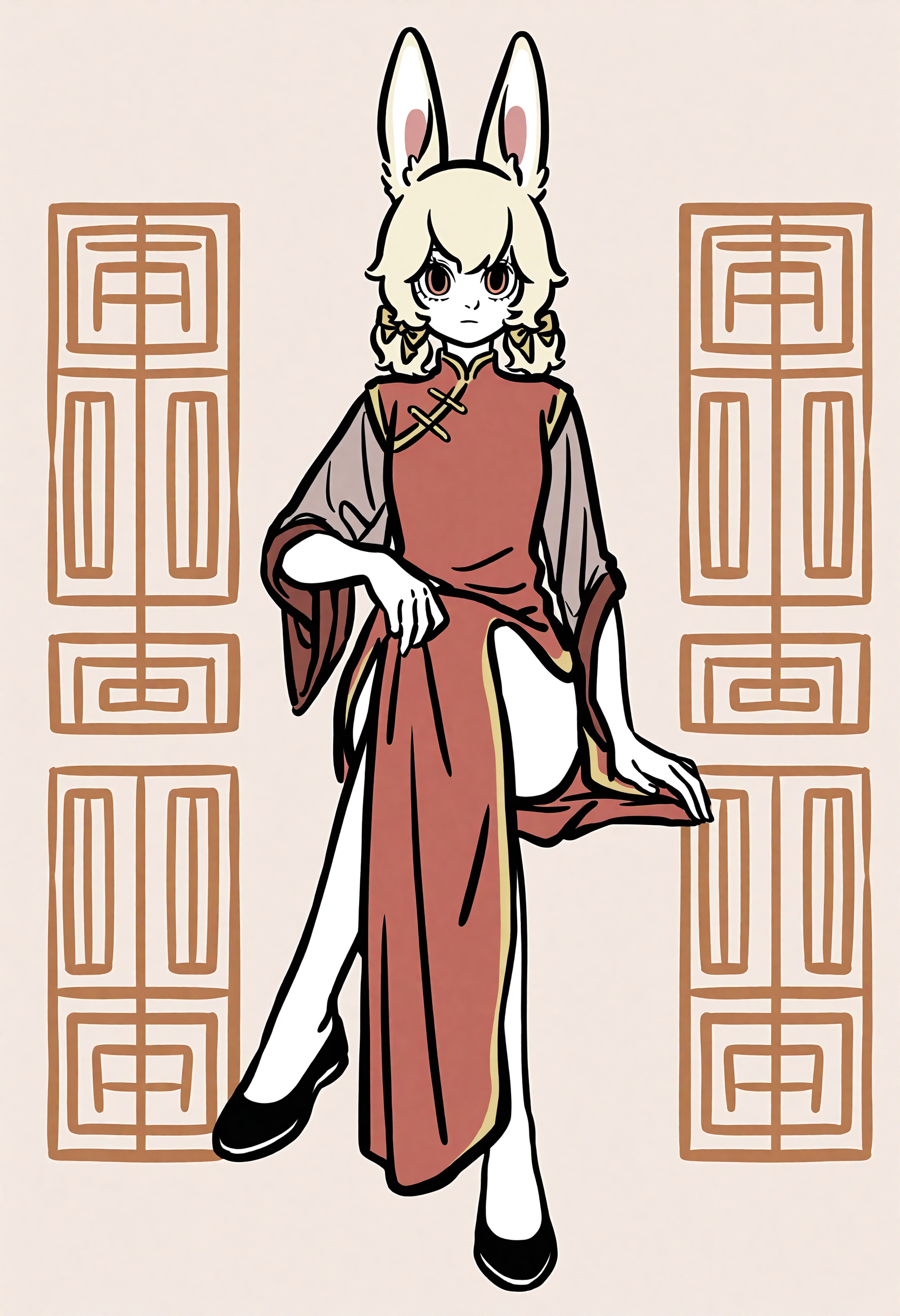 1girl,
illustration.media, xiaoyu \(feiren zai\),
feiren zai \(style\),flat color,
solo,full body, looking at viewer, china dress, pelvic curtain, red cheongsam, short hair, sitting, crossed legs, invisible chair, leaning, twintails, rabbit girl, animal ears, rabbit ears, blonde hair, black eyes, red eyes, animal ear fluff, petite, dress, slender body, chinese clothes,  simple background, 
this work is part of the "feiren zai" series,featuring a character named xiaoyu. xiaoyu is a petite adult woman. xiaoyu has rabbit ears and curly golden hair,adding a whimsical touch to her appearance.
safe,very awa,masterpiece,best quality,amazing quality,very aesthetic,absurdres,highres,newest,year 2024,
<lora:frz_wlq_v3_d_v3_noobaiXLNAIXLV101:0.95>