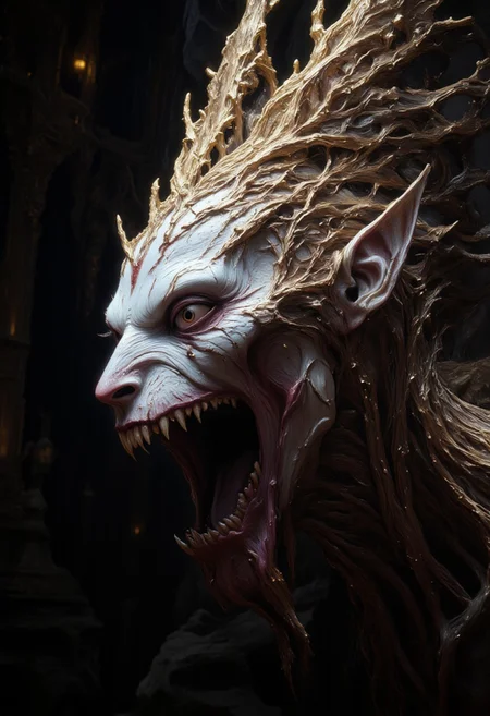 the Mokosh is an ancient drow and mythical female creature. She has long, sharp fangs for teeth and many spikes protruding from its head as it stares at the viewer with old soulless eyes, Her skin is white, engraved stone where every grove tells a story. It is snarling menacingly at the viewer, demanding respect and loyalty. Closeup head portrait, hyperdetailed, 8k resolution concept art, WLOP, Moebius, H.R. Giger, Royo, muddy, dark colors, minimal lighting, hyperrealism, digital illustration, intricate,( vapor:0.9), dorian cleavenger, brom, hyperrealism, digital illustration, horror, dark environment, (&:0)t (photography, high-resolution, dynamic, energetic,hyper-realistic, dramatic lighting, shallow depth of field.)