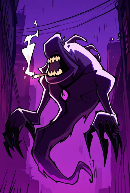 <lora:zskayr-10:1> zskayr, no humans, solo, monster, teeth, black claws, pokemon (creature), single purple eye, , purple skin, sharp teeth, , black sclera,, ghost tail, purple hood, upper body, , no legs, dynamic pose, cowboy shot, purple background, <lora:sakfsdajfkasd:1> alpharecdyt, night city, under the rain, lighting cigarette, smoking, masterpiece, best quality, amazing quality, very aesthetic, absurdres, newest,