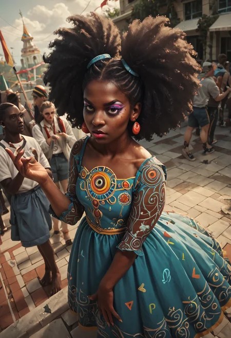 score_9, score_8_up, score_7_up, score_6_up, score_5_up, score_4_up, a highly detailed painting, 1 woman, black woman, dark skin, 40 years old, afro puff pigtails, makeup, fingernails, earrings, jewelry, high angle, an intricate crocheted dress in a mix of colors and patterns, sunny afternoon, birthday party at the park<lora:Pony_XL_Colorful_Box_Braids> <lora:Black_Woman_v3-000006> <lora:detailed_notrigger>