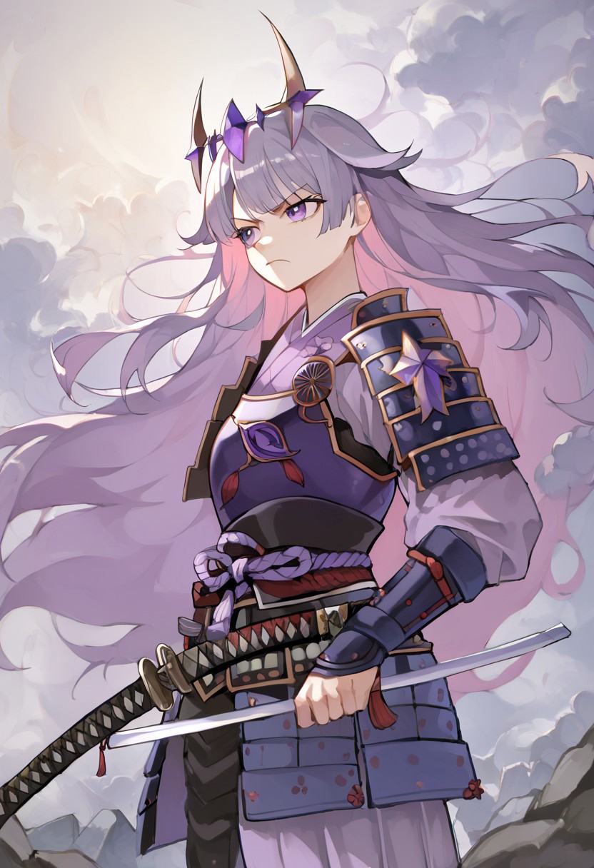 score_9, score_8_up, score_7_up, hadrian, source_anime, 1girl, boulders in back ground, stones, pepples, <lora:ChamKosekiBijouPonyXL:0.8> KosekiBijou, long hair, hair flaps, floating headpiece,  <lora:samurai_armor_pony:1.1> samurai, purple clothes, holding katana, serious