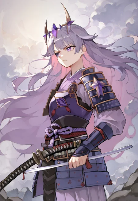 score_9, score_8_up, score_7_up, hadrian, source_anime, 1girl, boulders in back ground, stones, pepples, <lora:ChamKosekiBijouPonyXL:0.8> KosekiBijou, long hair, hair flaps, floating headpiece, <lora:samurai_armor_pony:1.1> samurai, purple clothes, holding katana, serious