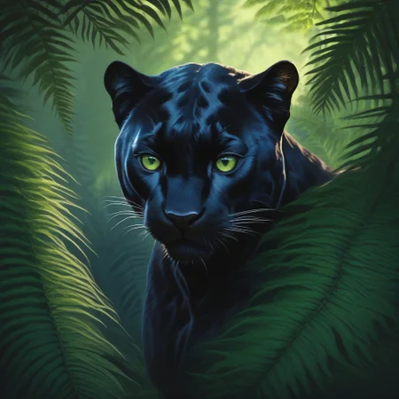 symphtia-style, masterpiece, best quality, absurdres, vibrant, highly detailed, very aesthetic, animal focus, black panther, hiding behind ferns, pitch black fur, piercing green eyes, whiskers, eye focus, forest background, sidelightning, (dappled sunlight:1.5), detailed fur, very dark