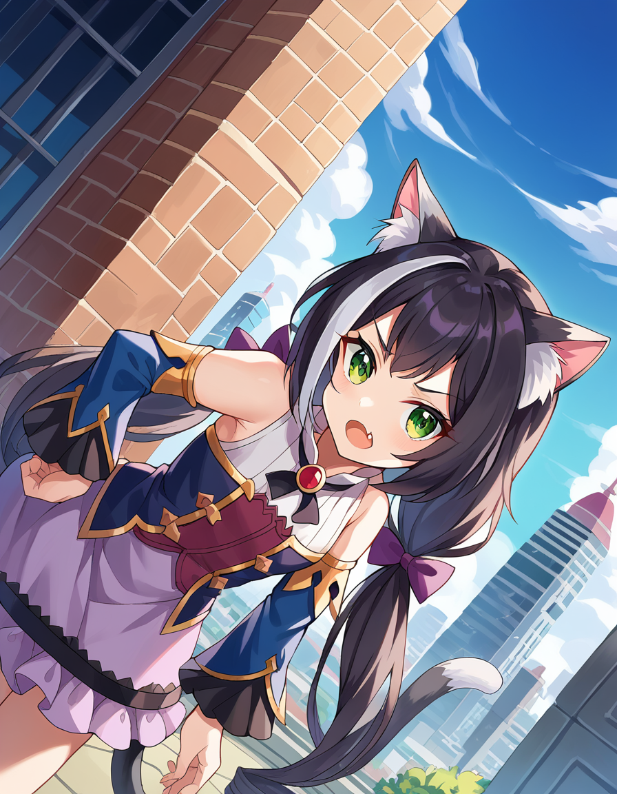 score_9, score_8_up, score_7_up, source_anime,
princessconnectkaryl, <lora:princess-connect-karyl-ponyxl-lora-nochekaiser:1>
karyl, animal ear fluff, animal ears, black hair, black ribbon, cat ears, cat girl, cat tail, fang, green eyes, hair bow, long hair, low twintails, multicolored hair, purple bow, ribbon, skin fang, streaked hair, tail, twintails, vertical stripes, white hair,
arm support, blue sleeves, bow, brooch, detached sleeves, dress, frilled sleeves, frills, multicolored clothes, multicolored dress, neck ribbon, sleeveless, sleeveless dress, striped,
outdoors, cityscape, bent over,
looking at viewer, dutch angle, cowboy shot