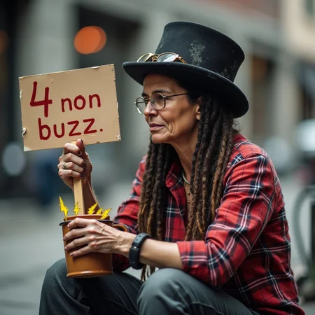woman holding a text sign that says: "4 non buzz". white woman in a black top hat with pilot's glasses on it, she has dreadlocks and wears a red plaid shirt, she is a beggar and is all dirty, sitting on the street with a mug in her hand. The mug has several classic yellow lightning emojis inside.