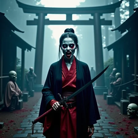 analog film photo Half-body portrait, feudal Japan mountain shrine, fog-lit dawn: A vampiric onna-bugeisha stands poised in layered black and blood-red kimono, face painted white with blood trickling from her lower lip. Her red eyes are narrowed and focused, glowing faintly against the mist. Her long fangs are exposed as she holds a tanto blade horizontally in front of her face. Behind her kneels a ghoul servantâhead shaved, wearing tattered ceremonial robes, mouth stitched closed with red thread. Shot on a Mamiya RZ67 with 110mm lens, film: Ilford HP5+, using ambient fog-filtered dawn light with silver bounce. Her skin is textured like porcelain cracked with age; tiny veins, faint dark circles, and blood splatters contrast the stillness of her form. The background fades into sacred mist, shrine gates half-devoured by roots and time. The portrait is reverent, violent, and quiet. analog photography, shot by kodak brownie, faded polaroid <lora:undead denizens v2.2:1> . faded film, desaturated, 35mm photo, grainy, vignette, vintage, Kodachrome, Lomography, stained, highly detailed, found footage