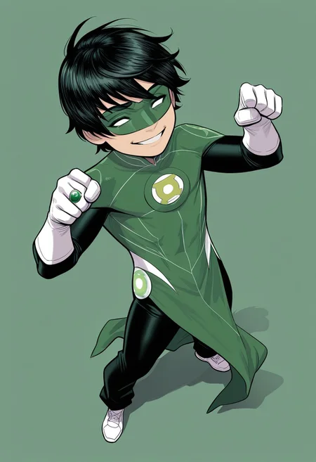 masterpiece, absurdres, high quality, perfect anatomy, 1boy, solo, cute boy, male focus, TaiPham, Black Hair, Green Lantern Ring, Green Lantern Costume, Green and Black Bodysuit, Green Domino Mask, White Eyes, White Gloves, Pelvic Curtain, Black Pants, White Shoes, big smile, cinematic, intricately detailed illustration, depth of field, masterpiece, best quality, amazing quality, very aesthetic, absurdres, newest, very awa,  shadow, dynamic angle, casual cosplay, dynamic pose, simple background, green theme